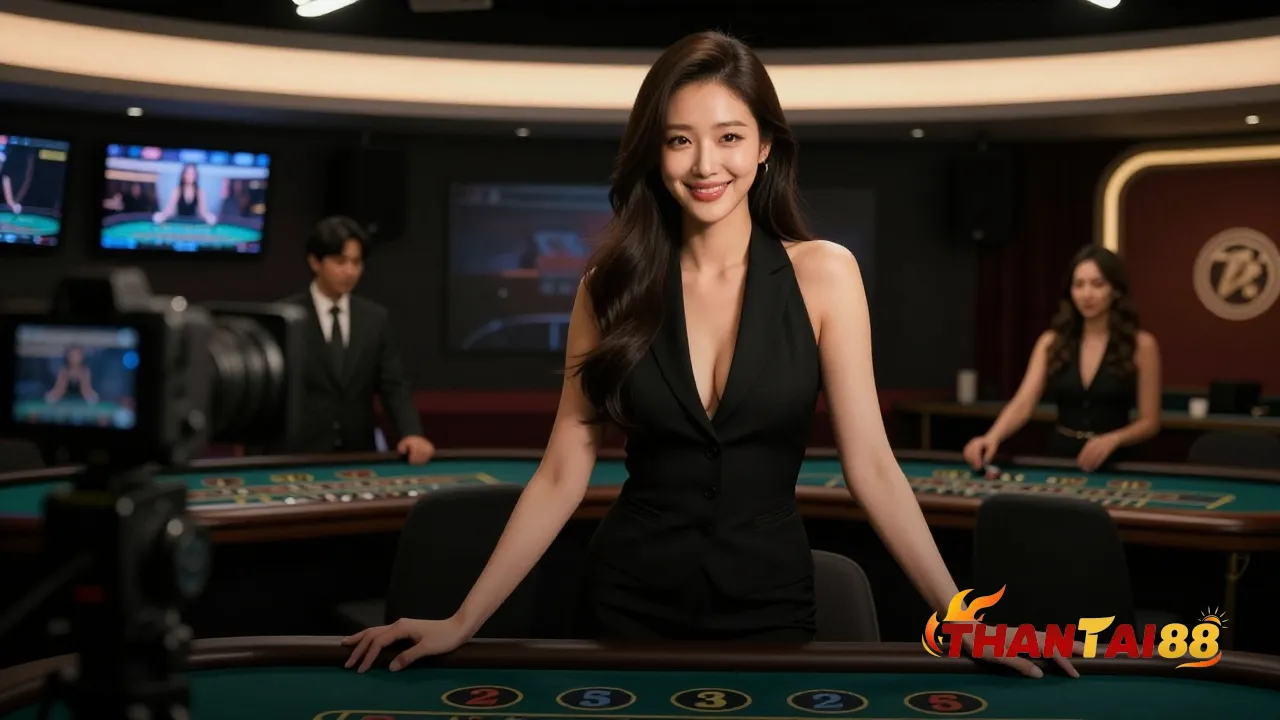 Hậu trường studio casino trực tiếp với máy quay và dealer