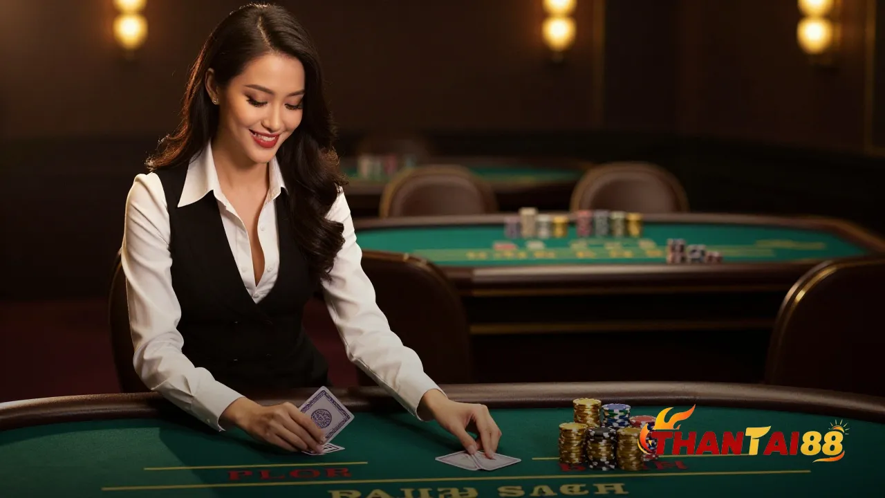 Dealer lật hai lá bài trên bàn baccarat trực tiếp